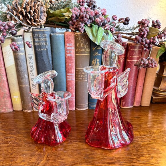 Mid Century Modern Thick Glass Angel Candle stick holders - Picture 3 of 14